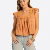 JS Jessica Simpson Dani Lace Trimmed Blouse in Camel