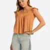 JS Jessica Simpson Dani Lace Trimmed Blouse in Camel