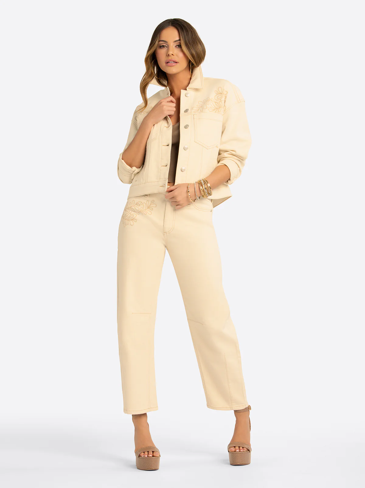 JS Jessica Simpson Pleat Back Denim Jacket  in Undyed Natural