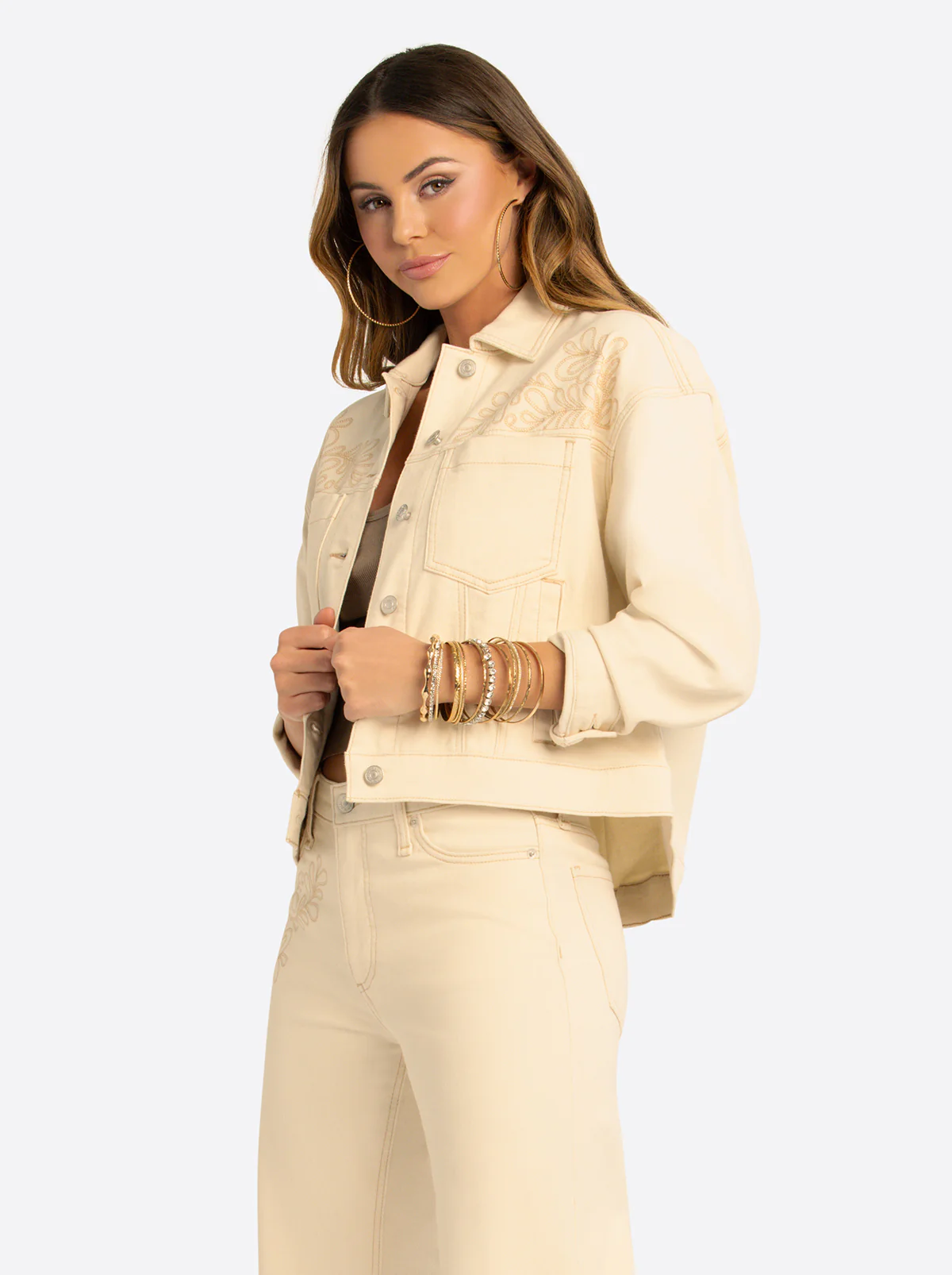 JS Jessica Simpson Pleat Back Denim Jacket  in Undyed Natural
