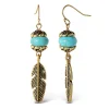 Turquoise Bead Feather Drop Earrings in Gold