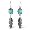 Turquoise Bead Feather Drop Earrings in Silver