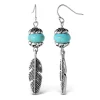 Turquoise Bead Feather Drop Earrings in Silver